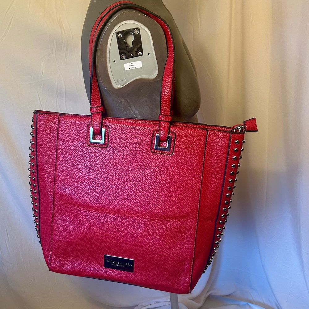 Marc New York Andrew Marc Red Pebbled Leather Tote Bag with Silver Studded Sides